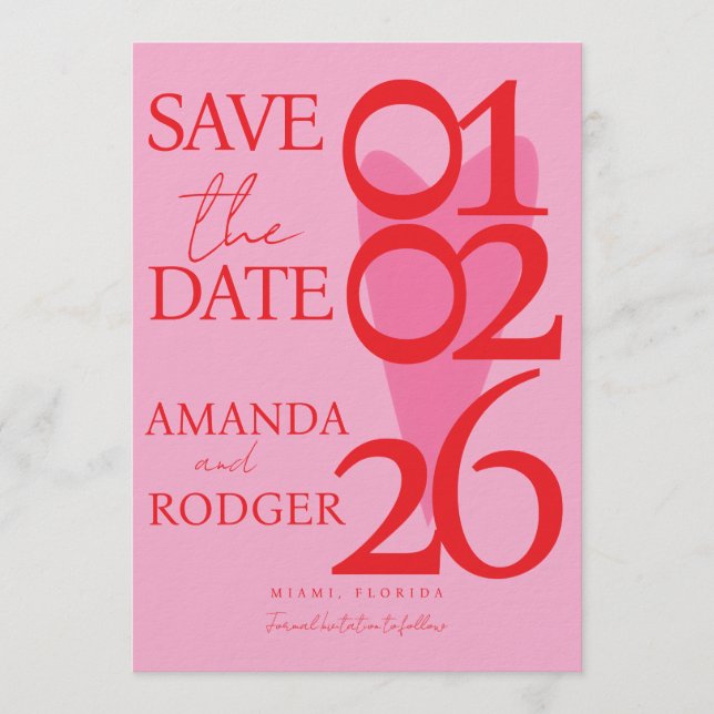 Invitación Modern Minimalist Red Pink Heart Save the Date  (Anverso)