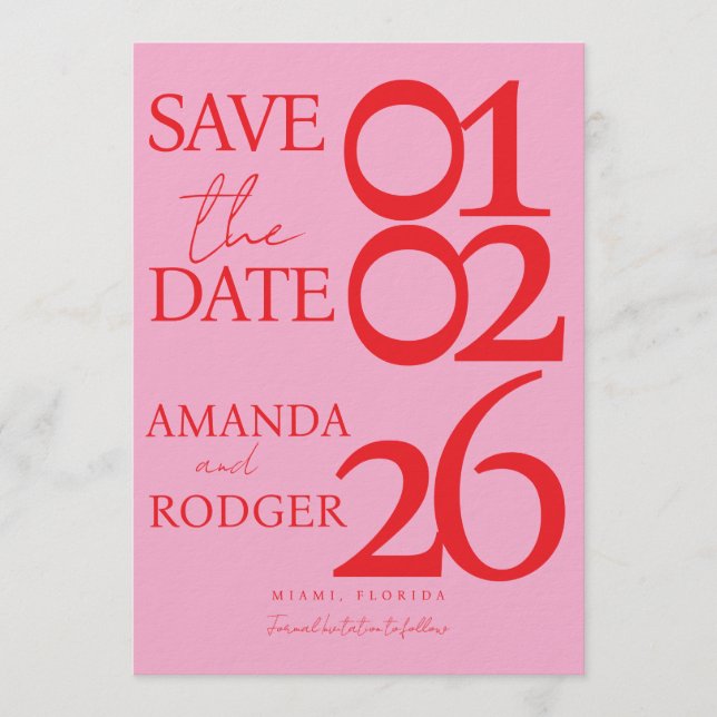 Invitación Modern Minimalist Red Pink Save the Date  (Anverso)