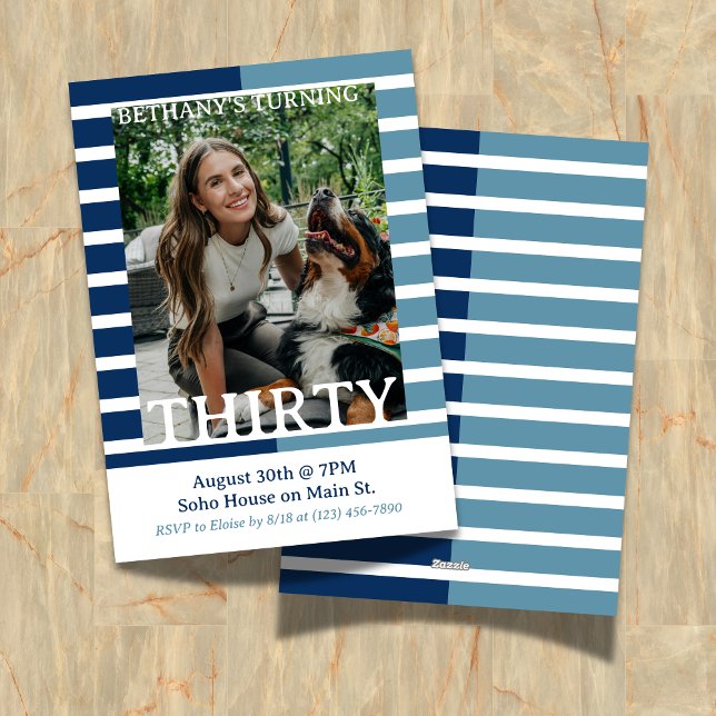 Invitación Modern Minimalist Striped Thirtieth Birthday Photo (Celebrate the beginning of a new decade with this Modern Minimalist Striped 30th Birthday Invite!)