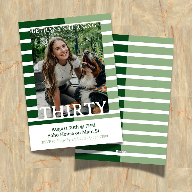 Invitación Modern Minimalist Striped Thirtieth Birthday Photo (Celebrate the beginning of a new decade with this Modern Minimalist Striped 30th Birthday Invite!)
