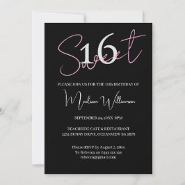 Invitación Modern Minimalist Sweet 16 Black Pink Birthday 