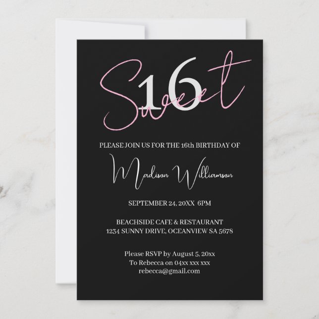 Invitación Modern Minimalist Sweet 16 Black Pink Birthday  (Anverso)