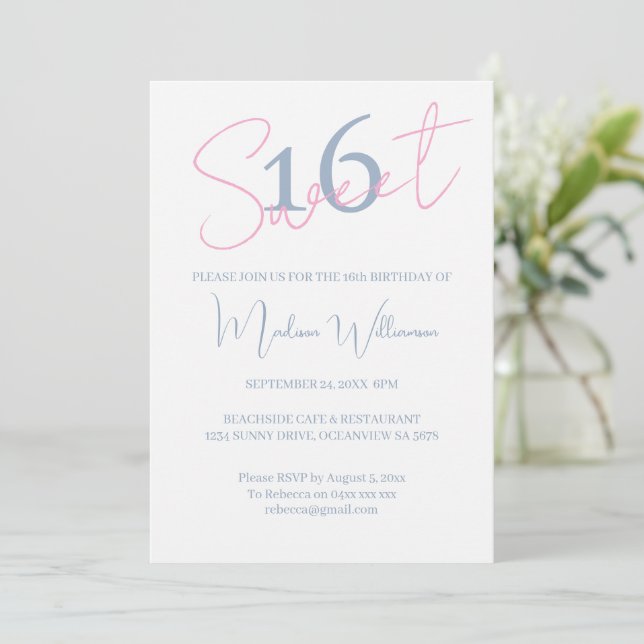 Invitación Modern Minimalist Sweet 16 Blue White Birthday (Anverso de pie)