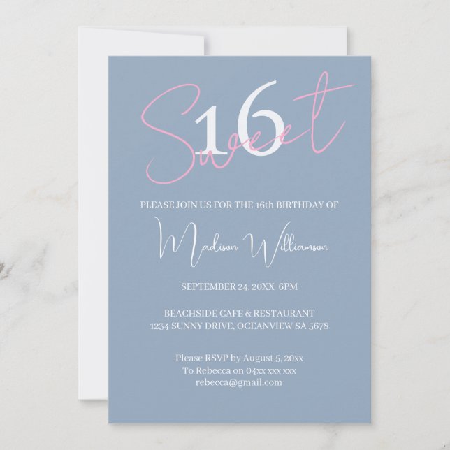 Invitación Modern Minimalist Sweet 16 Pink Blue Birthday (Anverso)