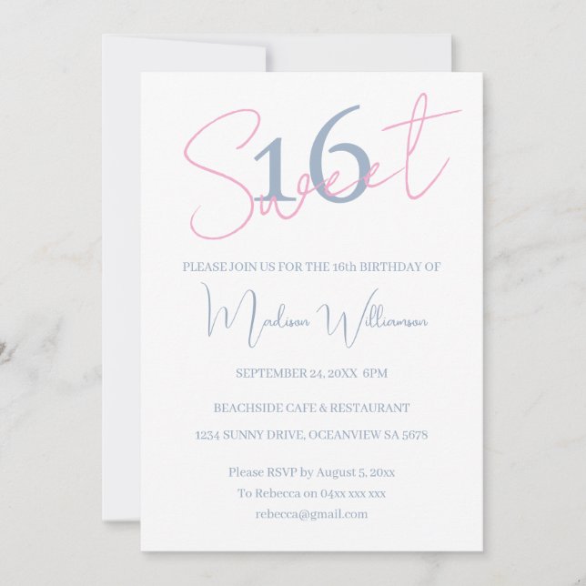 Invitación Modern Minimalist Sweet 16 Pink Blue Birthday  (Anverso)