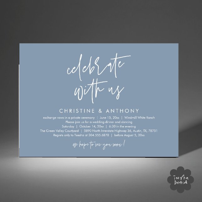 Invitación Modern Minimalist Wedding Reception Dinner (Modern Minimalist Wedding Reception Dinner Invitation Card, Celebrate with us, in Dusty Blue)