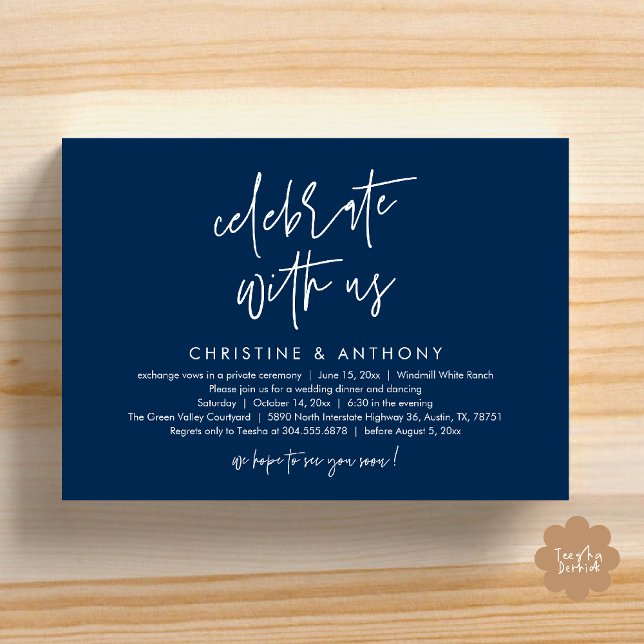 Invitación Modern Minimalist Wedding Reception Dinner (Modern Minimalist Wedding Reception Dinner Invitation Card, Celebrate with us, in Navy Blue)
