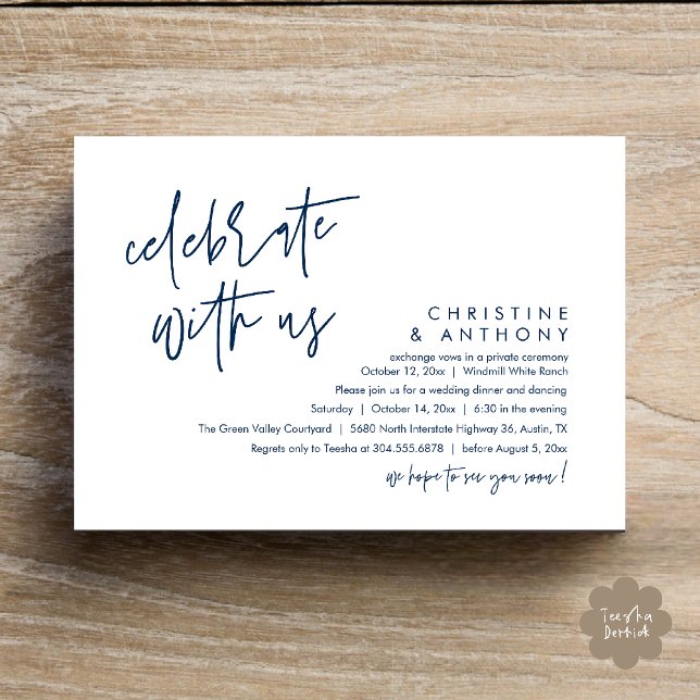 Invitación Modern Minimalist Wedding Reception Dinner (Modern Minimalist Wedding Reception Dinner Invitation Card, Celebrate with us, in Navy Blue)