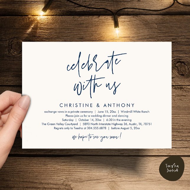 Invitación Modern Minimalist Wedding Reception Dinner (Modern Minimalist Wedding Reception Dinner Invitation Card, Celebrate with us, in Navy Blue Ivory)