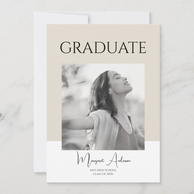 Invitación Modern Minimalist White and Brown Photo Graduation (Anverso)