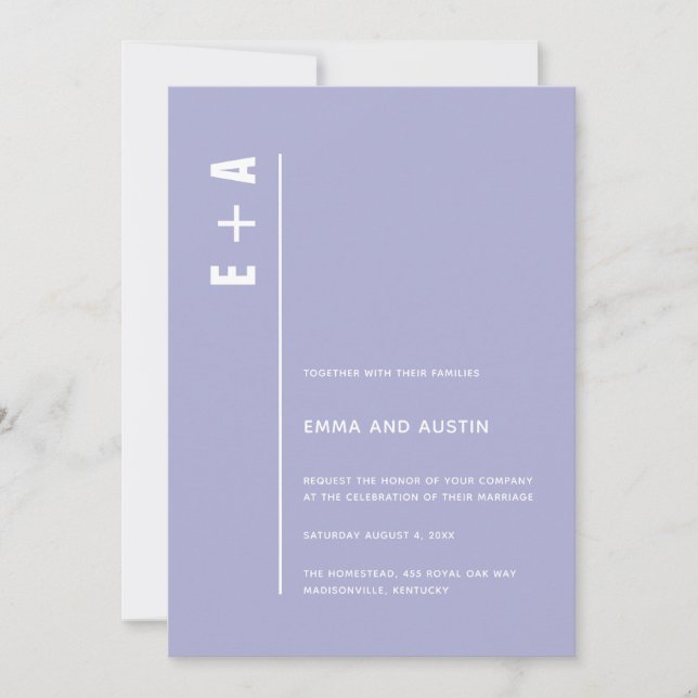 Invitación Modern Minimalista Purple Bold Initials Boda (Anverso)