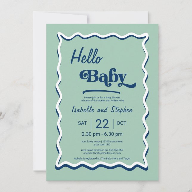 Invitación Modern Mint Green Hello Baby Shower (Anverso)