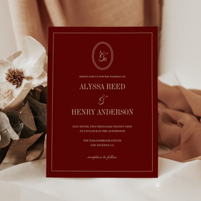 Invitación Modern Monogram Classic Wine Red Wedding (Subido por el creador)