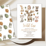 Invitación Modern Moose Woodland Wild One First Birthday<br><div class="desc">Invitación de un primer cumpleaños de Moose Woodland Wild Wild Cute invitación de cumpleaños a los chicos con temática de bosque, con un patrón de Moose, wolf, fox, raccoon, conejo y porcupine en la parte superior de la invitación. Esta invitación de 1er cumpleaños silvestre de bosque también incluye algunas hojas...</div>