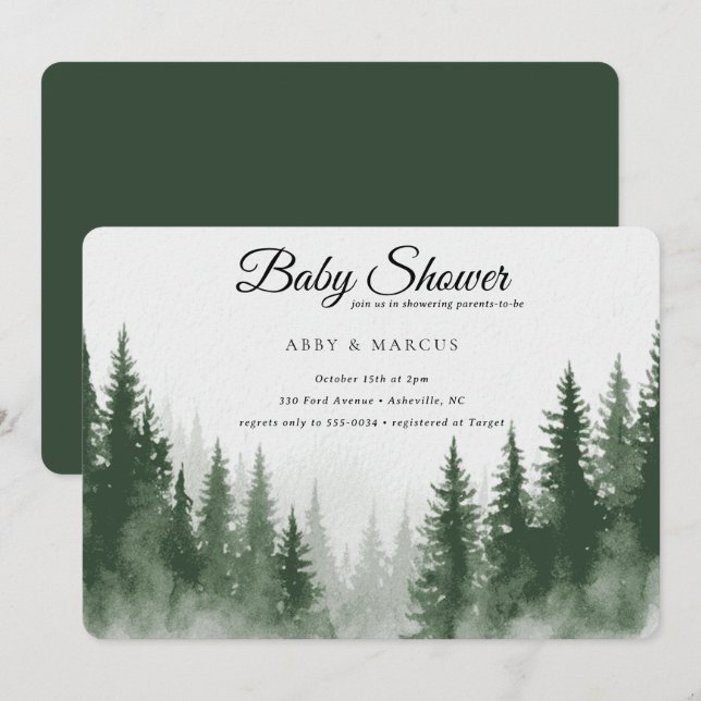 Invitación Modern Mountain Forest Adventure Green Baby Shower (Anverso / Reverso)