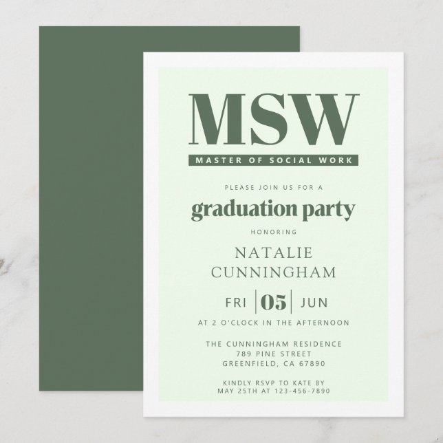 Invitación Modern MSW Master of Social Work Graduation (Anverso / Reverso)