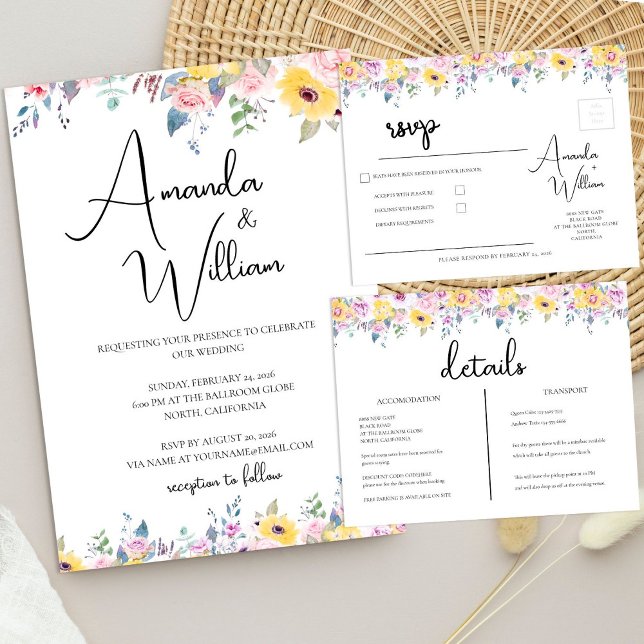 Invitación Modern Mustard Yellow and Lavender Floral Wedding (Modern Mustard Yellow and Lavender Floral Wedding Invitation)