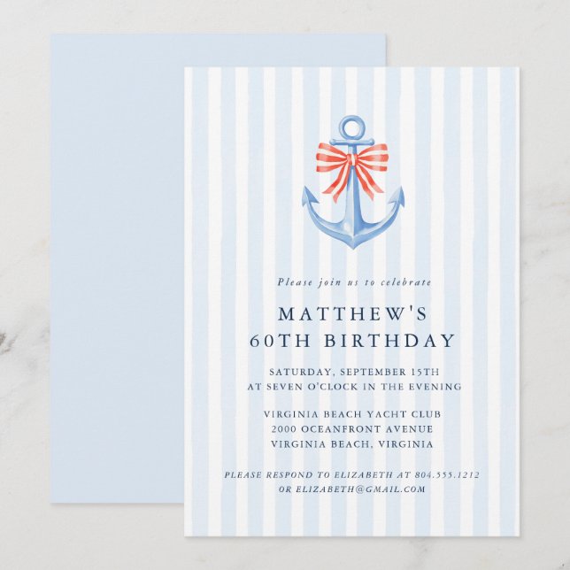 Invitación Modern Nautical Coastal Anchor Birthday Party  (Anverso / Reverso)