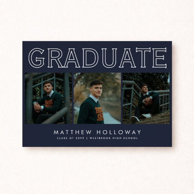 Invitación Modern Navy 3 Photo Graduation Announcement  (Subido por el creador)