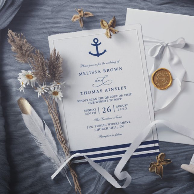 Invitación Modern Navy Blue Anchor Nautical QR Code Wedding (Subido por el creador)