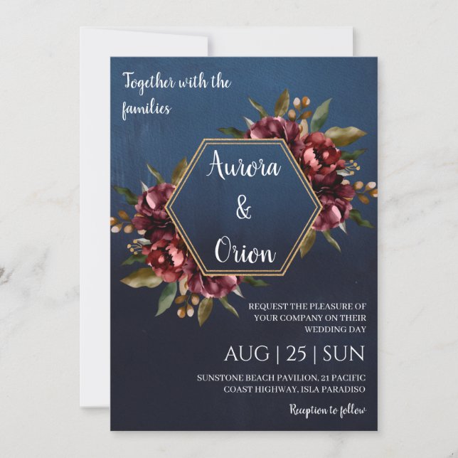 Invitación modern navy blue and burgundy wedding invitations (Anverso)