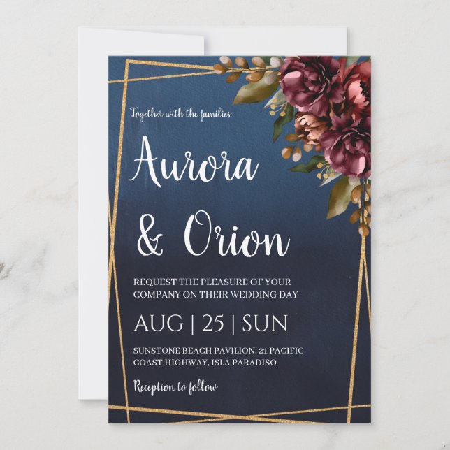 Invitación modern navy blue and burgundy wedding invitations (Anverso)