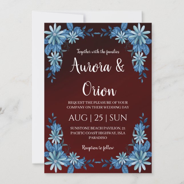 Invitación modern navy blue and burgundy wedding invitations (Anverso)