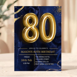 Invitación Modern Navy Blue and Gold 80th Birthday Invitation