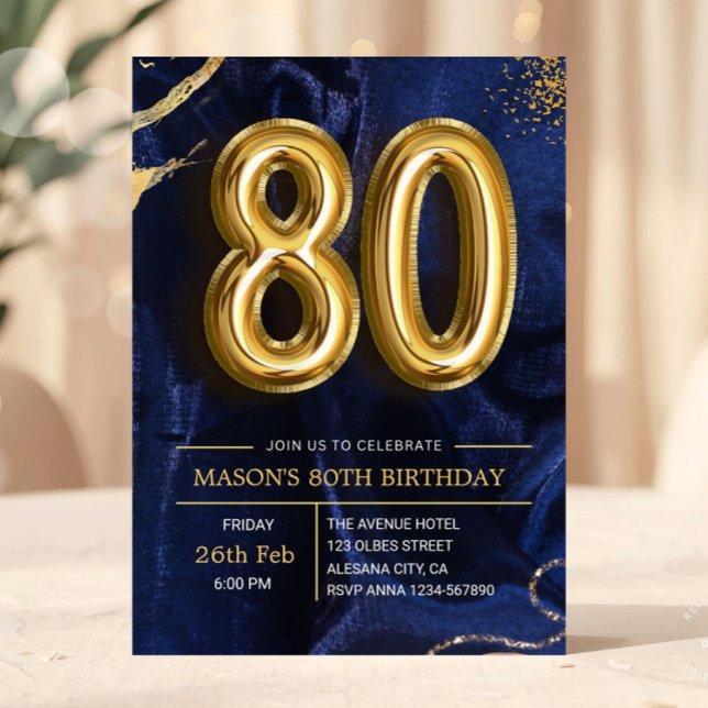 Invitación Modern Navy Blue and Gold 80th Birthday Invitation (milestone bday bash invite, women or male man birthday, elegant modern golden invite, gold glitter d)