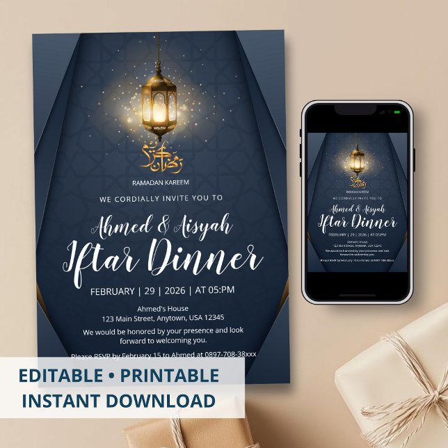 Invitación Modern Navy Blue and Gold Glowing Lantern Iftar (Subido por el creador)