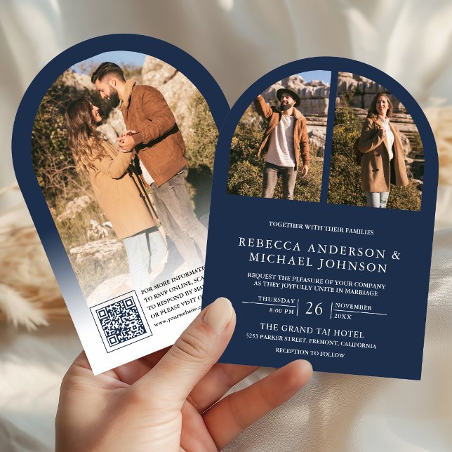 Invitación Modern Navy Blue Arch Photo QR Code Wedding (Subido por el creador)
