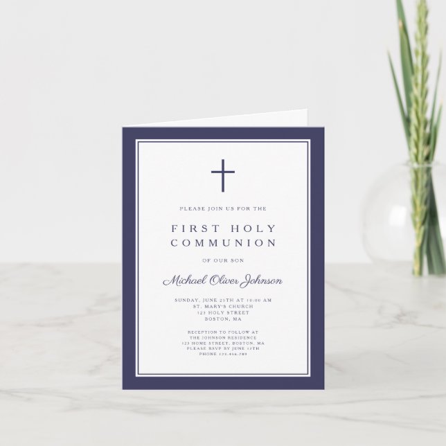 Invitación Modern Navy Blue Cross Boy First Holy Communion (Anverso)