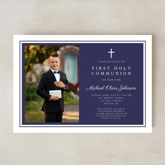 Invitación Modern Navy Blue Cross Boy Photo First Communion (Modern Navy Blue Cross Boy Photo First Communion Invitation)