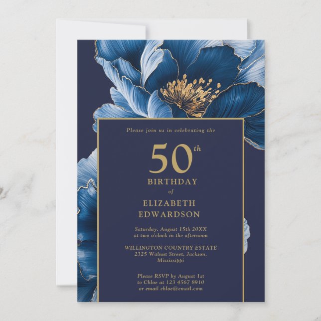 Invitación Modern Navy Blue Floral Elegant Birthday (Anverso)