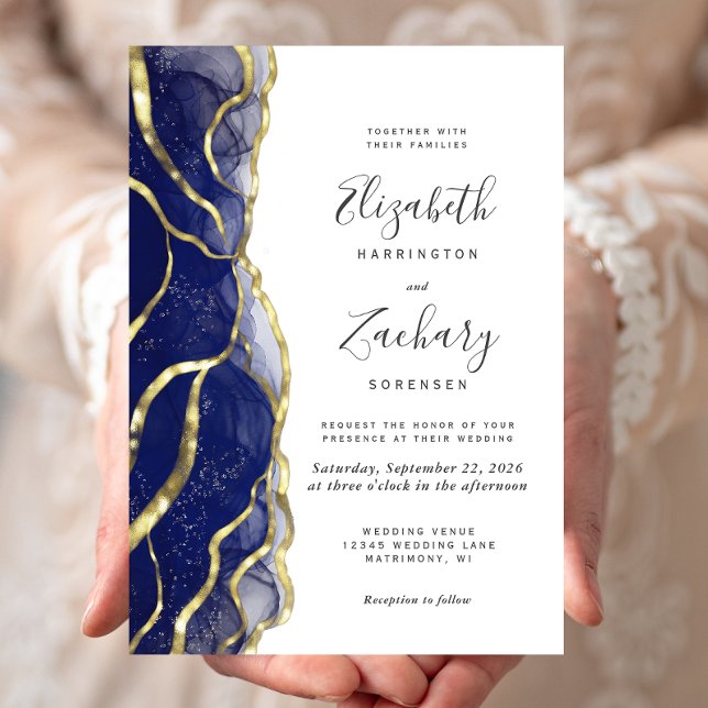Invitación Modern Navy Blue Gold Ink Wedding Invitation (Subido por el creador)