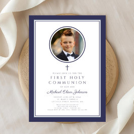 Invitación Modern Navy Blue Photo Boy First Communion