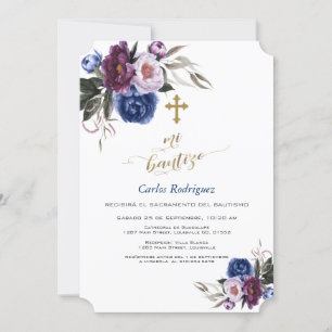 Invitación Modern Navy Blue Purple Flowers Boy Mi Bautizo