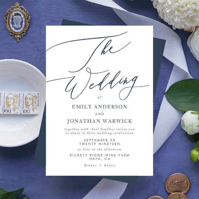 Invitación Modern Navy Blue White Calligraphy The Wedding (Subido por el creador)