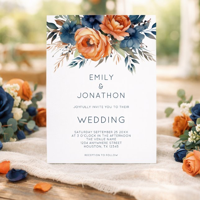 Invitación Modern Navy Burnt Orange Florals QR Code Wedding (Subido por el creador)