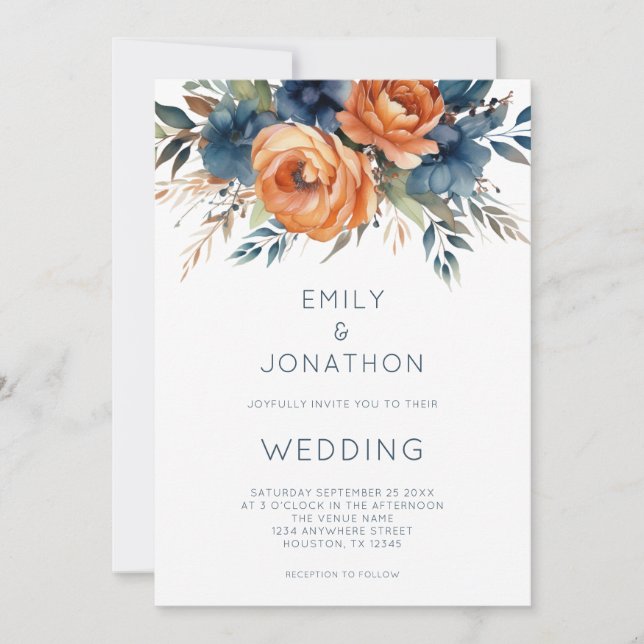 Invitación Modern Navy Burnt Orange Florals QR Code Wedding (Anverso)