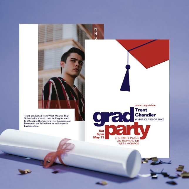 Invitación Modern Navy & Red Typography Grad Party Photo (Subido por el creador)