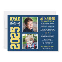 Modern Navy Yellow Two Photos Graduation Party