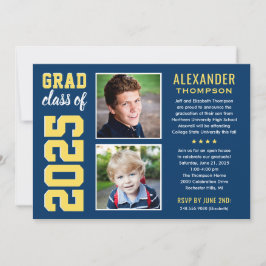 Invitación Modern Navy Yellow Two Photos Graduation Party
