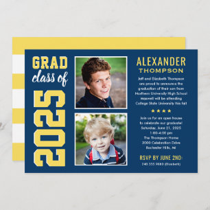 Invitación Modern Navy Yellow Two Photos Graduation Party