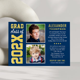 Invitación Modern Navy Yellow Two Photos Graduation Party