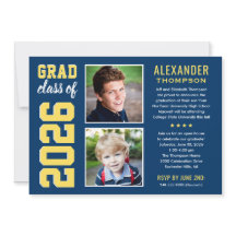 Modern Navy Yellow Two Photos Graduation Party