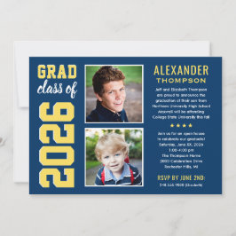 Invitación Modern Navy Yellow Two Photos Graduation Party