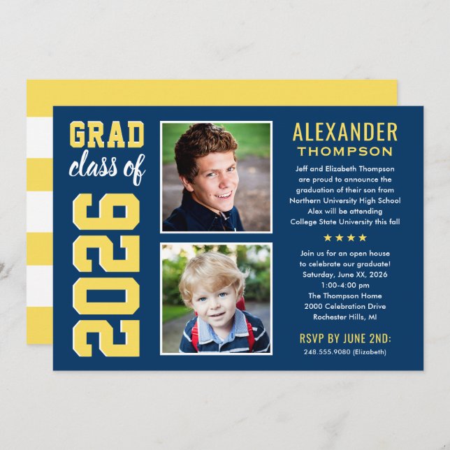 Invitación Modern Navy Yellow Two Photos Graduation Party (Anverso / Reverso)