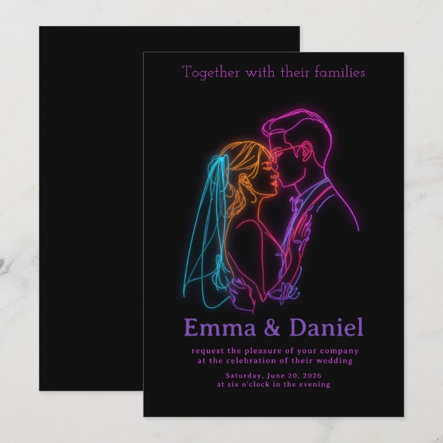 Invitación Modern Neon Line Art Couple Wedding Invitation (Anverso / Reverso)