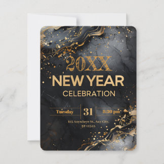 Invitación Modern New Year with Black Marble and Gold Swirls